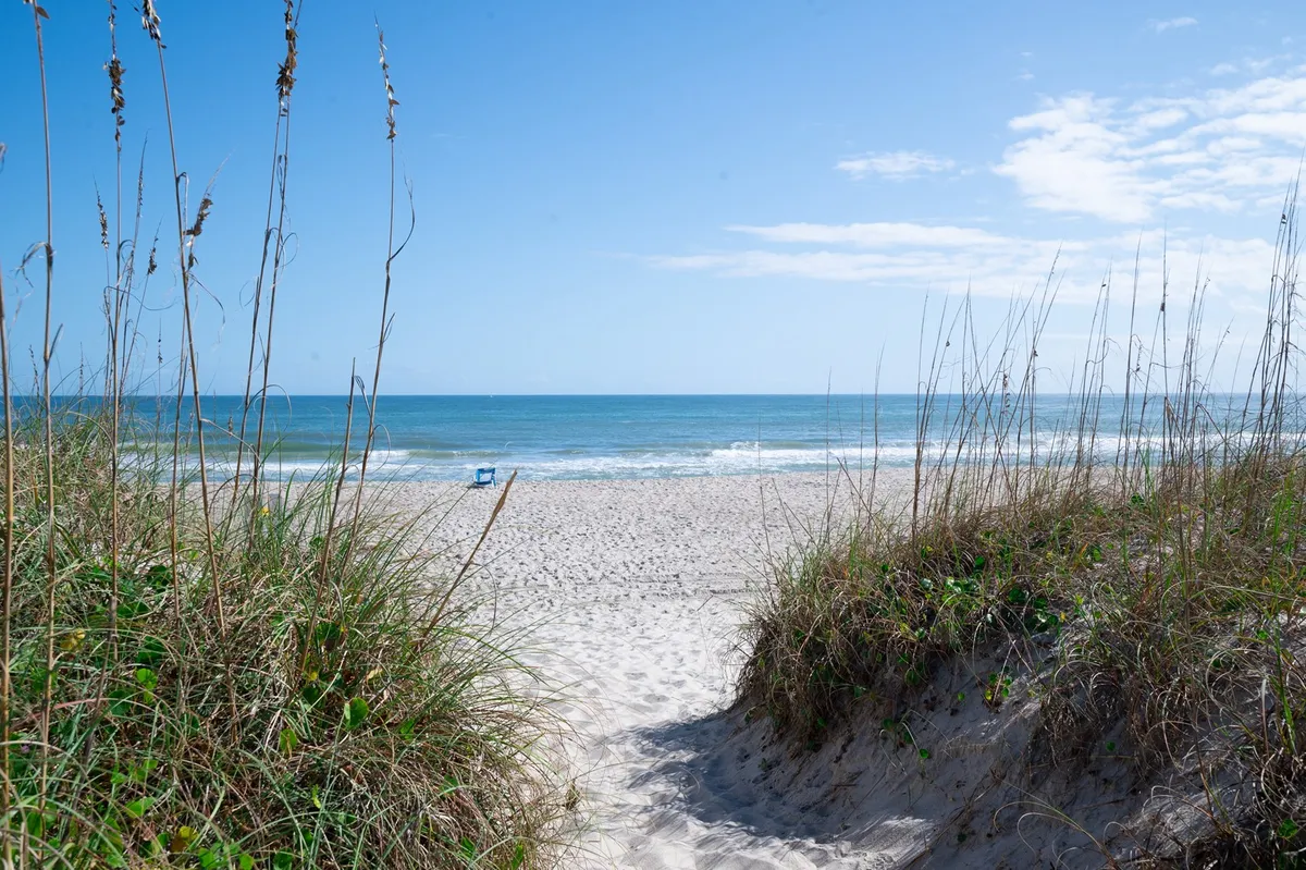 Rolling sand dunes stretch out to the ocean and blue sky, with gentle waves promising a day of sunbathing, beachcombing, and sandcastle building. The light is warm and the shore looks inviting for family adventures.